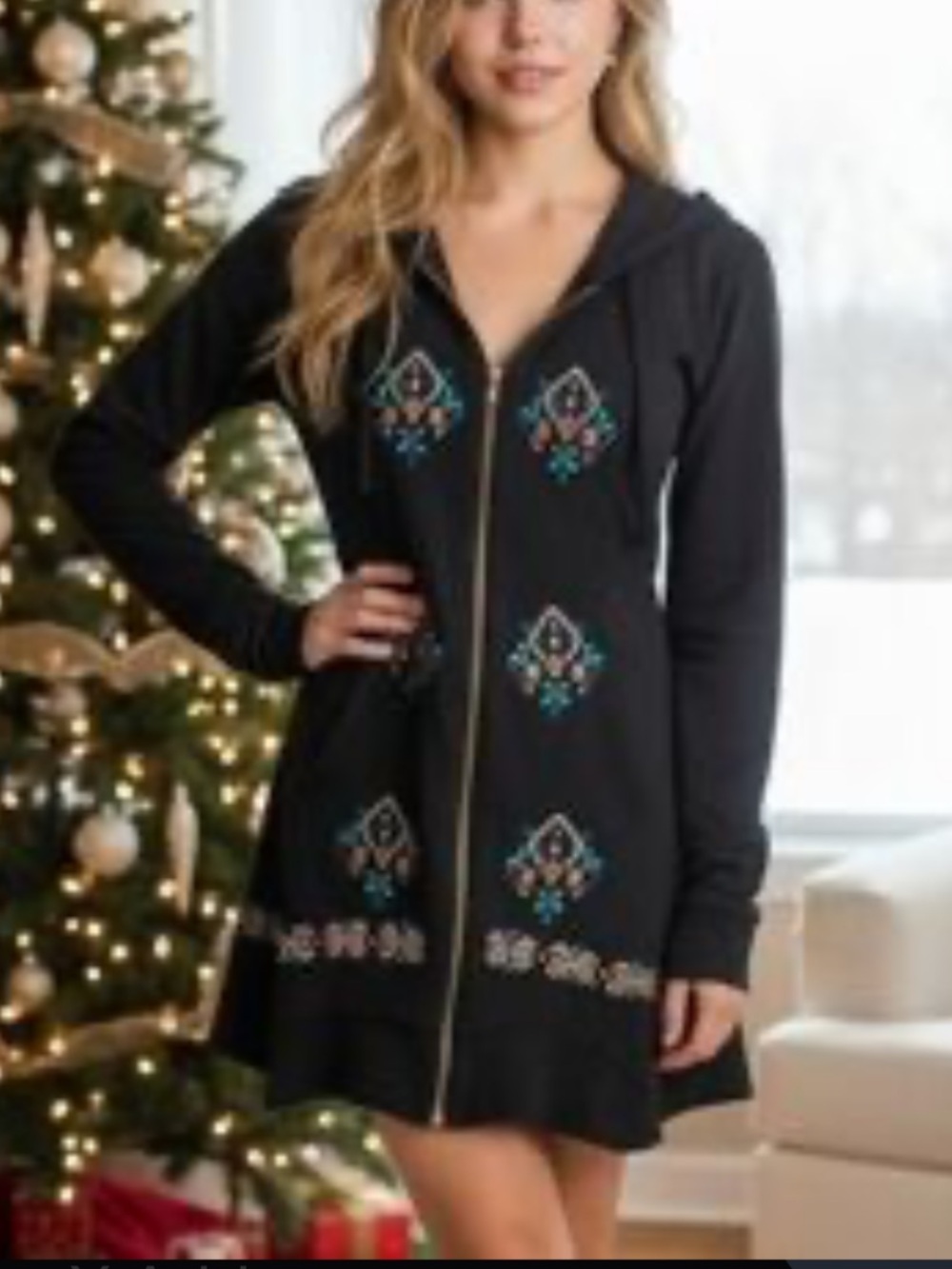 Caite x Athleta Black Embroidered Zip Up Sweater Dress. Size XL